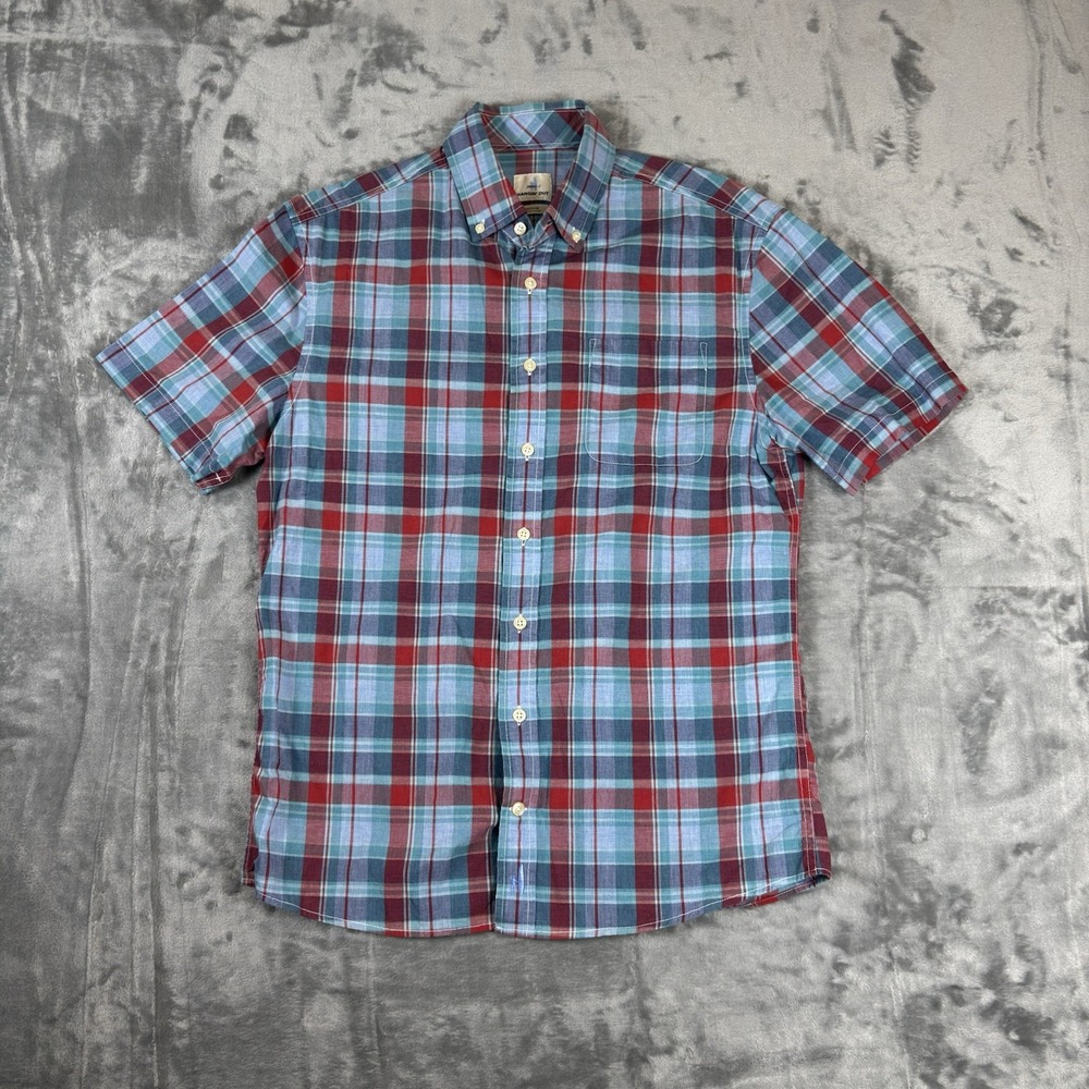 Johnnie-O Button Down Shirt Mens Medium Blue Red Plaid Short Sleeve Hangin Out